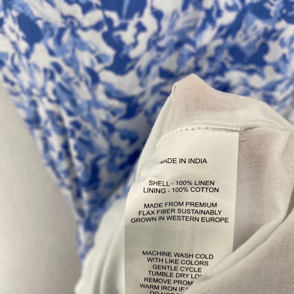 QUINCE Dress M Linen Scoop Neck Midi Sleeveless Floral Smocked Back Blue NEW - Picture 11 of 16